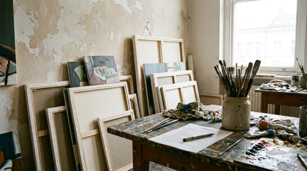 Atelier mit Leinwänden, Pinseln und Farbtuben